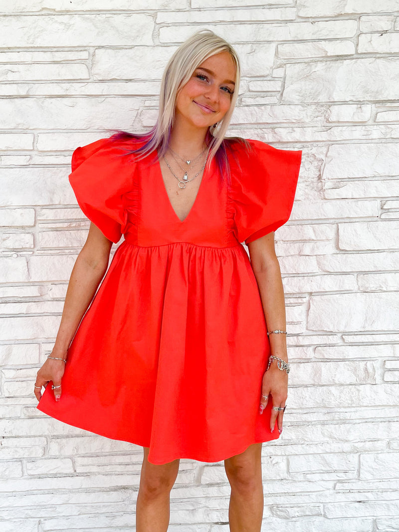 RED BUBBLE SLEEVE BABYDOLL DRESS