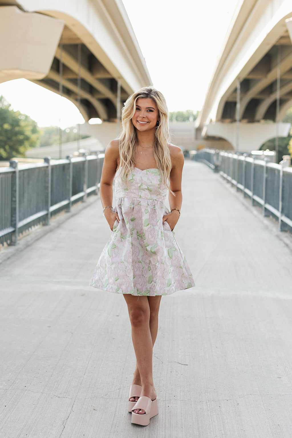 JACQUARD FLORAL SWEETHEART STRAPLESS DRESS