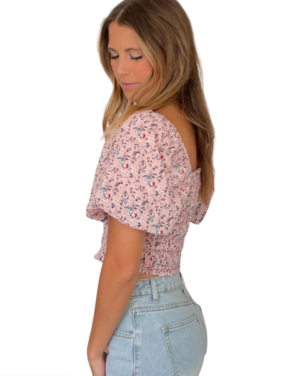 PUFF SLEEVE PINK + NAVY FLORAL TOP